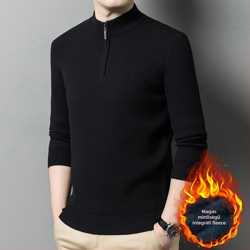 Férfi gyapjú-kasmír pulóver fleece bélés, cipzár, kerek gallér, hosszú ujjú, szoros fazon