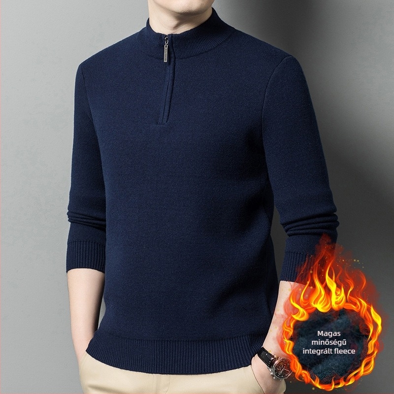 Férfi gyapjú-kasmír pulóver fleece bélés, cipzár, kerek gallér, hosszú ujjú, szoros fazon