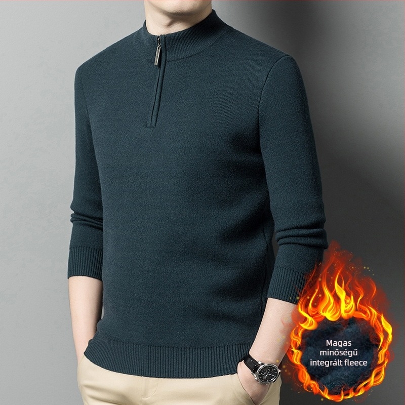 Férfi gyapjú-kasmír pulóver fleece bélés, cipzár, kerek gallér, hosszú ujjú, szoros fazon