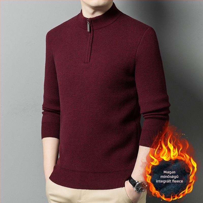 Férfi gyapjú-kasmír pulóver fleece bélés, cipzár, kerek gallér, hosszú ujjú, szoros fazon