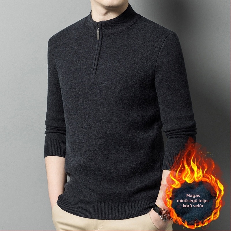 Férfi gyapjú-kasmír pulóver fleece bélés, cipzár, kerek gallér, hosszú ujjú, szoros fazon