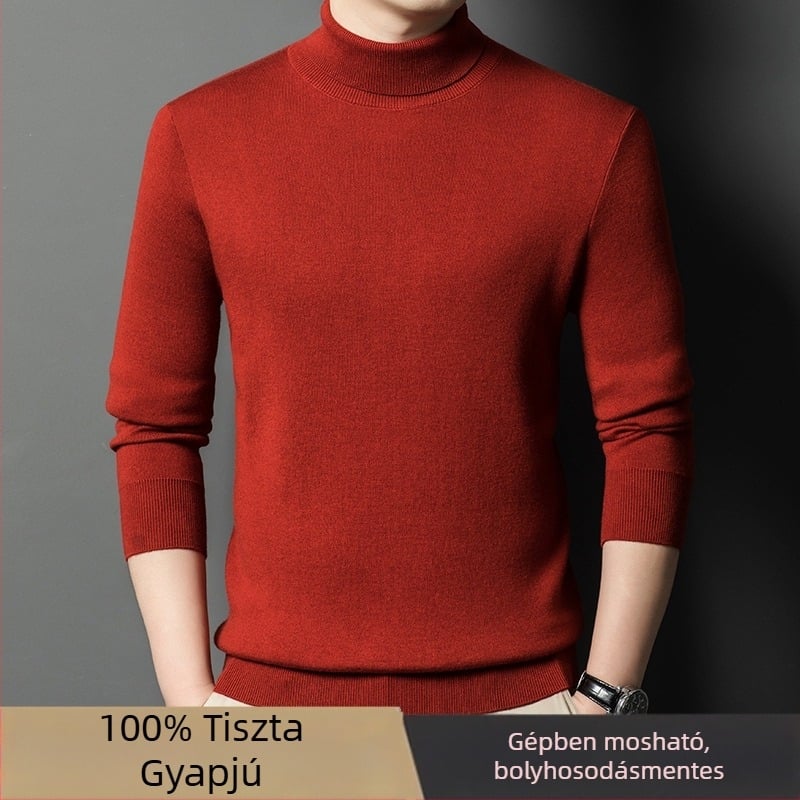Férfi 100% kasmír pulóver, téli vast kötésű, magas gallér, egyszínű
