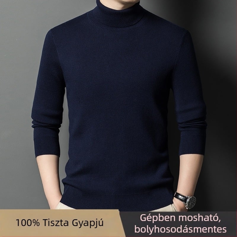 Férfi 100% kasmír pulóver, téli vast kötésű, magas gallér, egyszínű