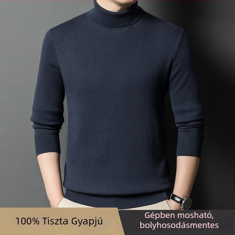 Férfi 100% kasmír pulóver, téli vast kötésű, magas gallér, egyszínű