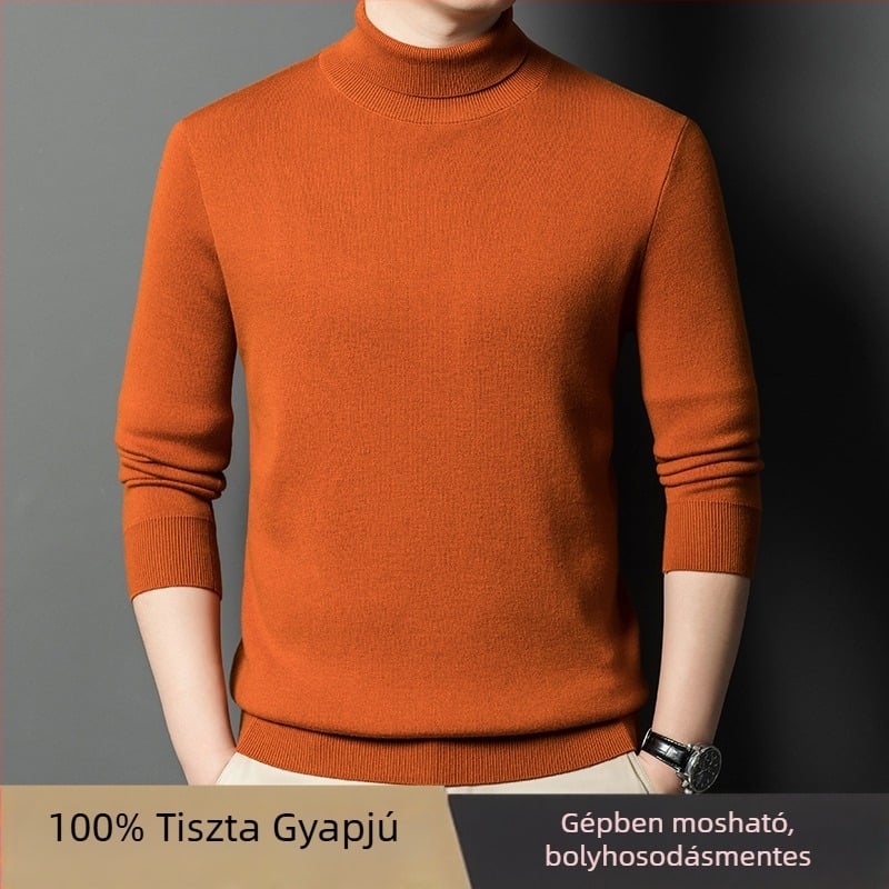 Férfi 100% kasmír pulóver, téli vast kötésű, magas gallér, egyszínű