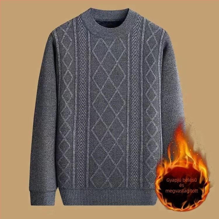 Férfiaknak szóló vastag, meleg kötött pulóver őszre-télre, kerek nyakkal, nagy méretek, fleece-bélés, jacquard mintázat