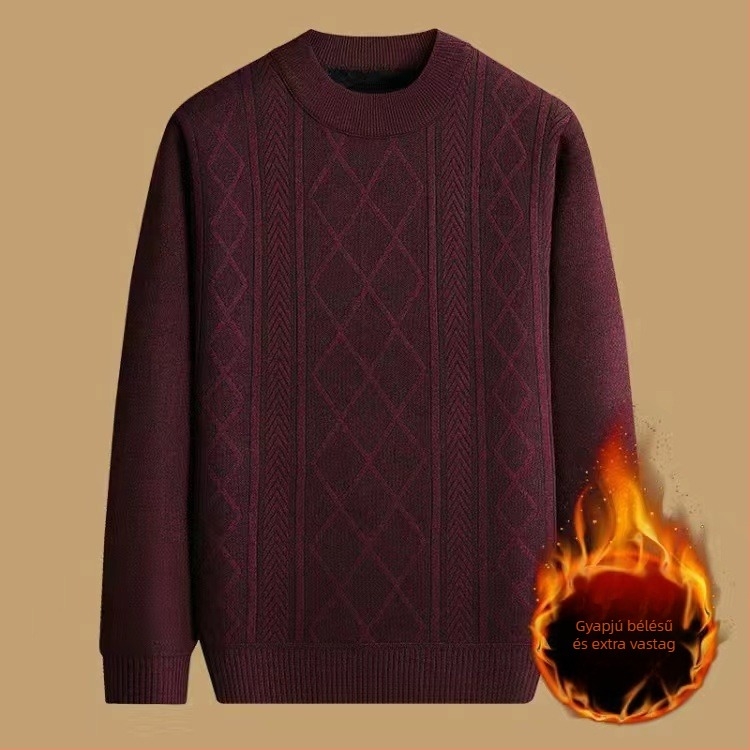 Férfiaknak szóló vastag, meleg kötött pulóver őszre-télre, kerek nyakkal, nagy méretek, fleece-bélés, jacquard mintázat