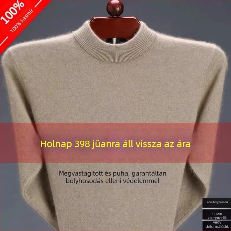 Férfi kasmír pulóver, tiszta kasmír, vastagabb melegítéshez, fél magas gallér, téli gyapjú kötött