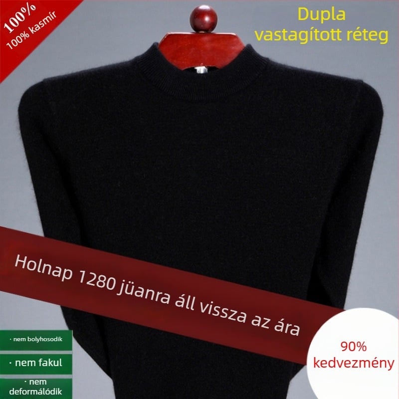 Férfi kasmír pulóver, tiszta kasmír, vastagabb melegítéshez, fél magas gallér, téli gyapjú kötött