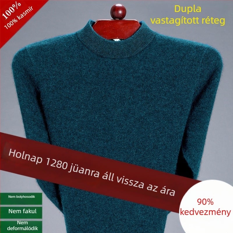 Férfi kasmír pulóver, tiszta kasmír, vastagabb melegítéshez, fél magas gallér, téli gyapjú kötött
