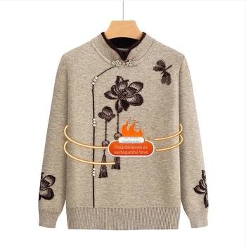 Fleece-látható kötött pulóver idős nőknek, hosszú ujjú, félnyitott gallér; anyag Acrylic, legfeljebb 30% triacetát; japán-koreai lazító stílus