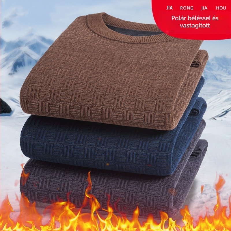 Vastag téli kötött pulóver fleece-beléssel idős férfiaknak, meleg, kerek nyakú, őszi-téli viselet