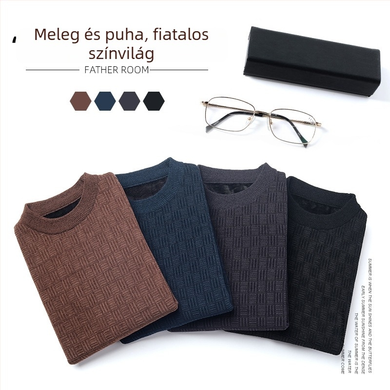 Vastag téli kötött pulóver fleece-beléssel idős férfiaknak, meleg, kerek nyakú, őszi-téli viselet