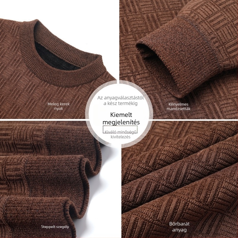 Vastag téli kötött pulóver fleece-beléssel idős férfiaknak, meleg, kerek nyakú, őszi-téli viselet