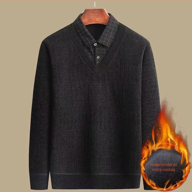 Kapucnis kötött pulóver fleece béléssel, vastag téli darab, galléros, hosszú ujjú