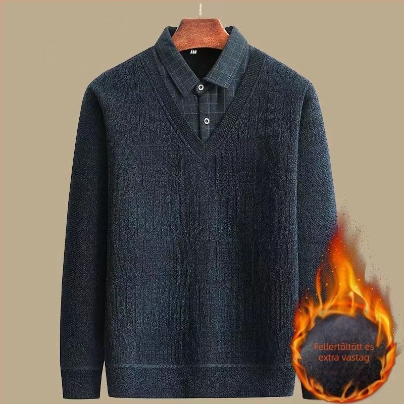 Kapucnis kötött pulóver fleece béléssel, vastag téli darab, galléros, hosszú ujjú