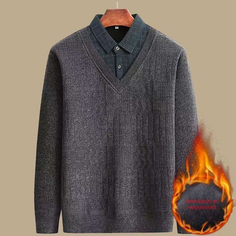 Kapucnis kötött pulóver fleece béléssel, vastag téli darab, galléros, hosszú ujjú