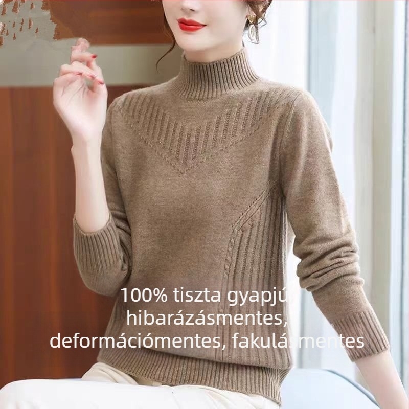 Jég-selyem szövésű kötött pulóver, fél magas gallér, hercegnő stílusú ujjakkal, kapucnival