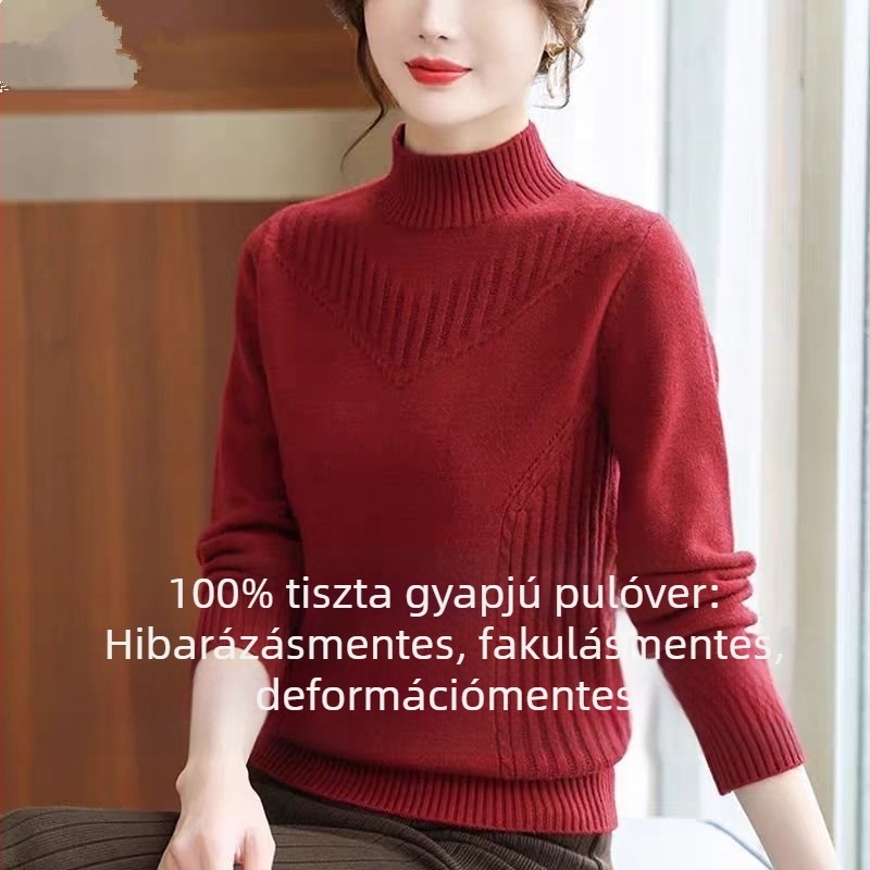 Jég-selyem szövésű kötött pulóver, fél magas gallér, hercegnő stílusú ujjakkal, kapucnival