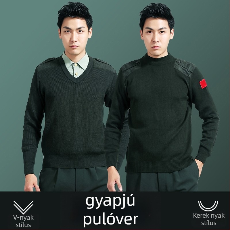 Jacquard mintás kötött pulóver, kerek nyakú, hosszú ujjú, finom gyapjú és nylon anyag, normál hosszúságú (50–65 cm)