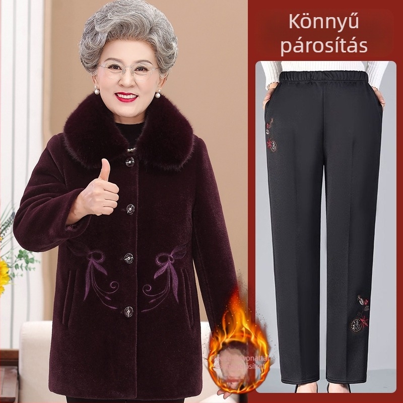 Idős nők téli kabátja — vastag bélés, Ice Silk poliészter (≥95%), egyrendés gombos zárású elől, egyszínű minta, normál hosszúságú 50–65 cm