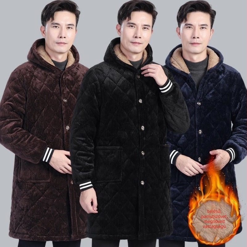 Férfi dzseki kapucnival, vastag fleece béléssel, középmagas hossz, háromdimenziós patch zsebek, egysoros gombolás