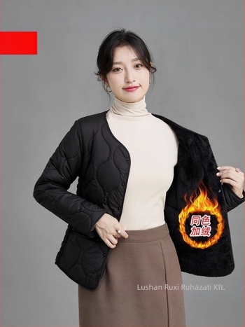 Női vastagított pamut-poliészter kabát töltőanyaggal, vastag és meleg, Slim-Fit, kerek nyakú, egyréses gombolás