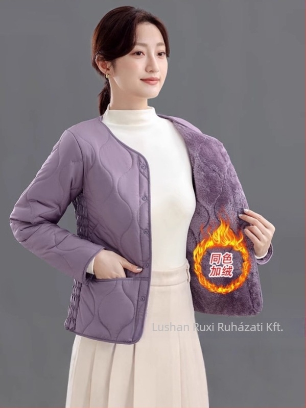 Női vastagított pamut-poliészter kabát töltőanyaggal, vastag és meleg, Slim-Fit, kerek nyakú, egyréses gombolás