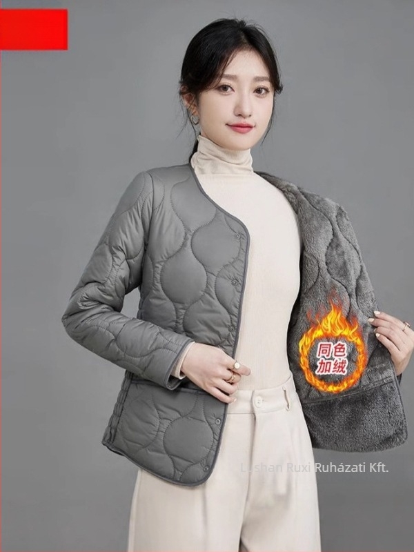 Női vastagított pamut-poliészter kabát töltőanyaggal, vastag és meleg, Slim-Fit, kerek nyakú, egyréses gombolás
