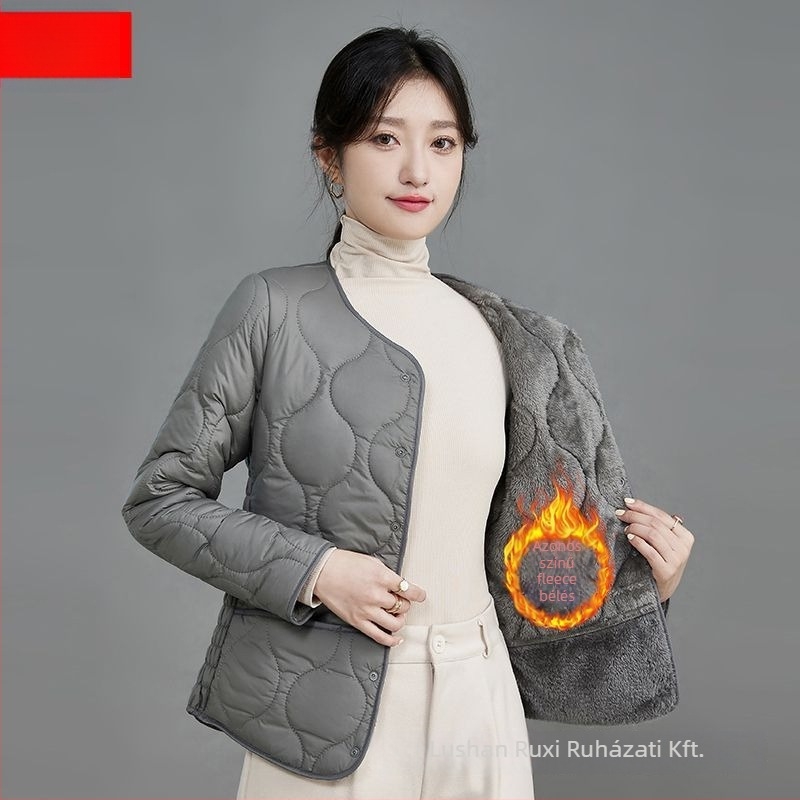 Női vastagított pamut-poliészter kabát töltőanyaggal, vastag és meleg, Slim-Fit, kerek nyakú, egyréses gombolás