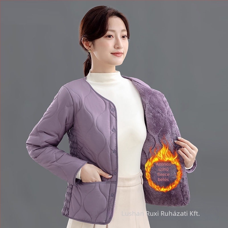 Női vastagított pamut-poliészter kabát töltőanyaggal, vastag és meleg, Slim-Fit, kerek nyakú, egyréses gombolás
