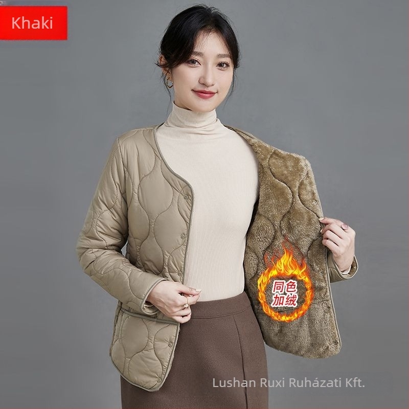 Női vastagított pamut-poliészter kabát töltőanyaggal, vastag és meleg, Slim-Fit, kerek nyakú, egyréses gombolás