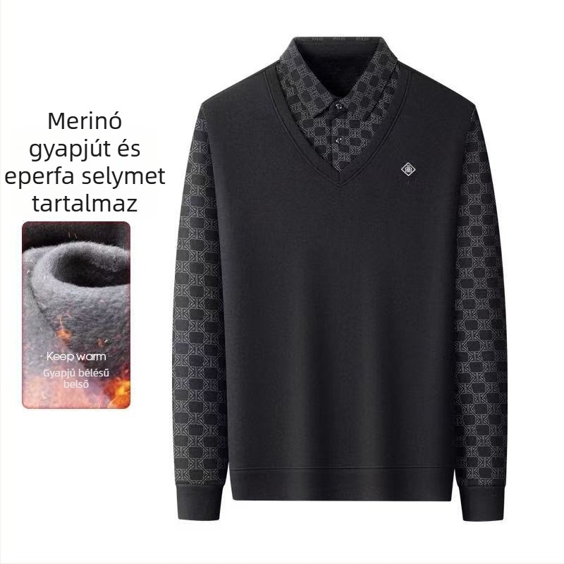 Woodpecker férfi téli vastag kötött pulóver fleece béléssel, látszólag két rész dizájn, hétköznapi stílus