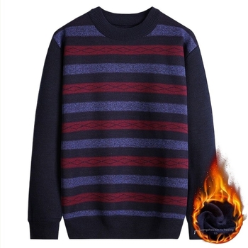 Férfi téli fleece kötött pulóver, kerek nyakú, hosszú ujjú, vastag és meleg