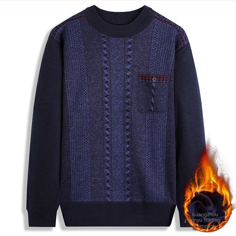 Férfi téli fleece kötött pulóver, kerek nyakú, hosszú ujjú, vastag és meleg