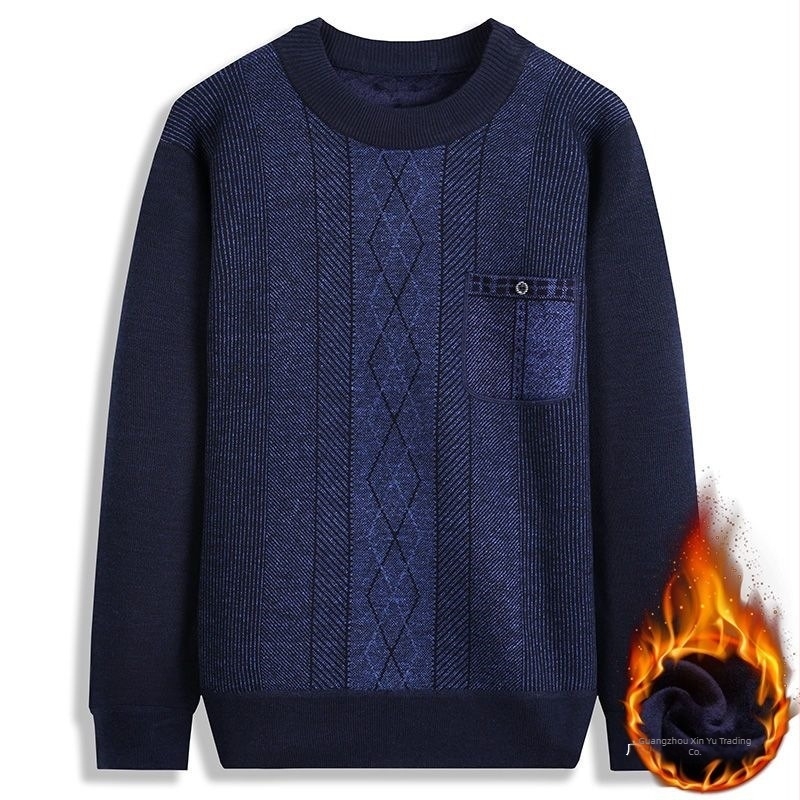 Férfi téli fleece kötött pulóver, kerek nyakú, hosszú ujjú, vastag és meleg