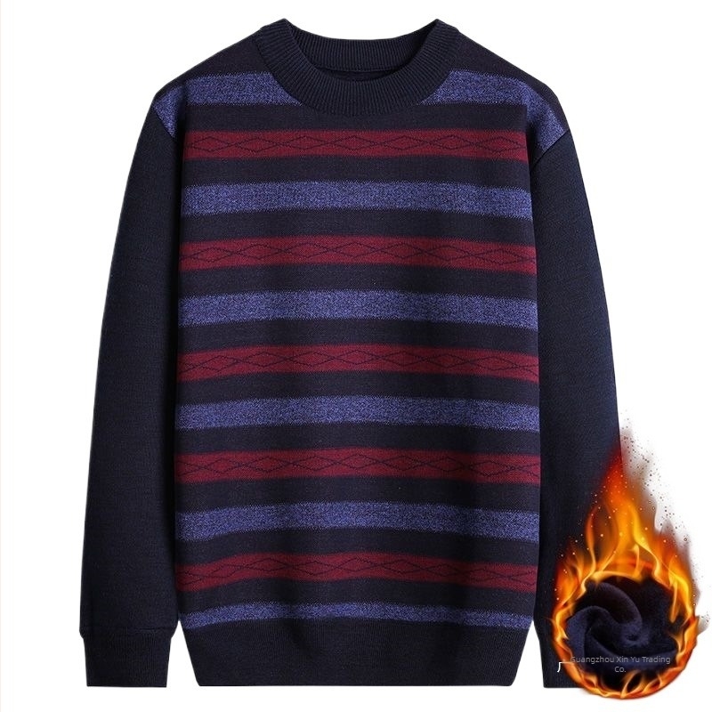 Férfi téli fleece kötött pulóver, kerek nyakú, hosszú ujjú, vastag és meleg