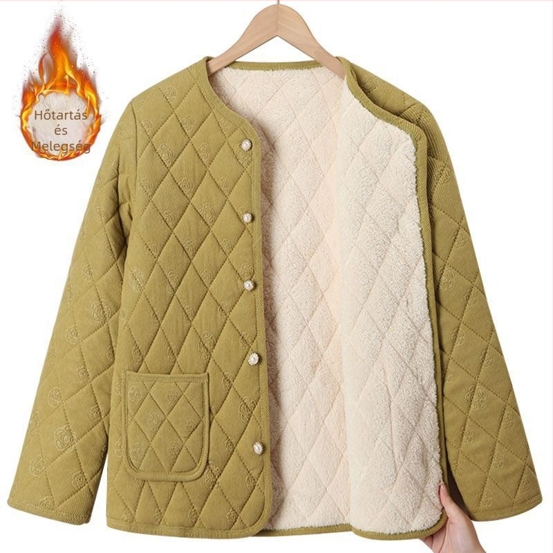 2025-ös őszi-téli női kabát fleece-béléssel és vastag izolációval, corduroy anyagú, Chanel-stílusú, laza szabás