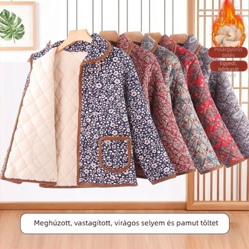 Idős nőknek szánt vastag pamut kabát, őszi–téli stílus, középhosszú, gallér Polo; TR anyag, fő anyag PVC 90–95%, töltet selyem-pamut (polimer) 30–50%