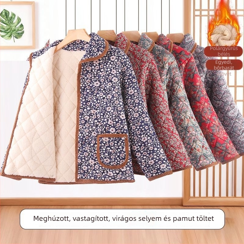 Idős nőknek szánt vastag pamut kabát, őszi–téli stílus, középhosszú, gallér Polo; TR anyag, fő anyag PVC 90–95%, töltet selyem-pamut (polimer) 30–50%