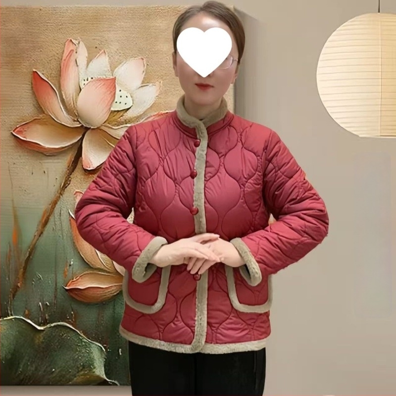 Őszi–téli vékony pamutkabát anyáknak, kínai stílus, karcsúsított szabás, álló gallér, töltet selyem-pamut