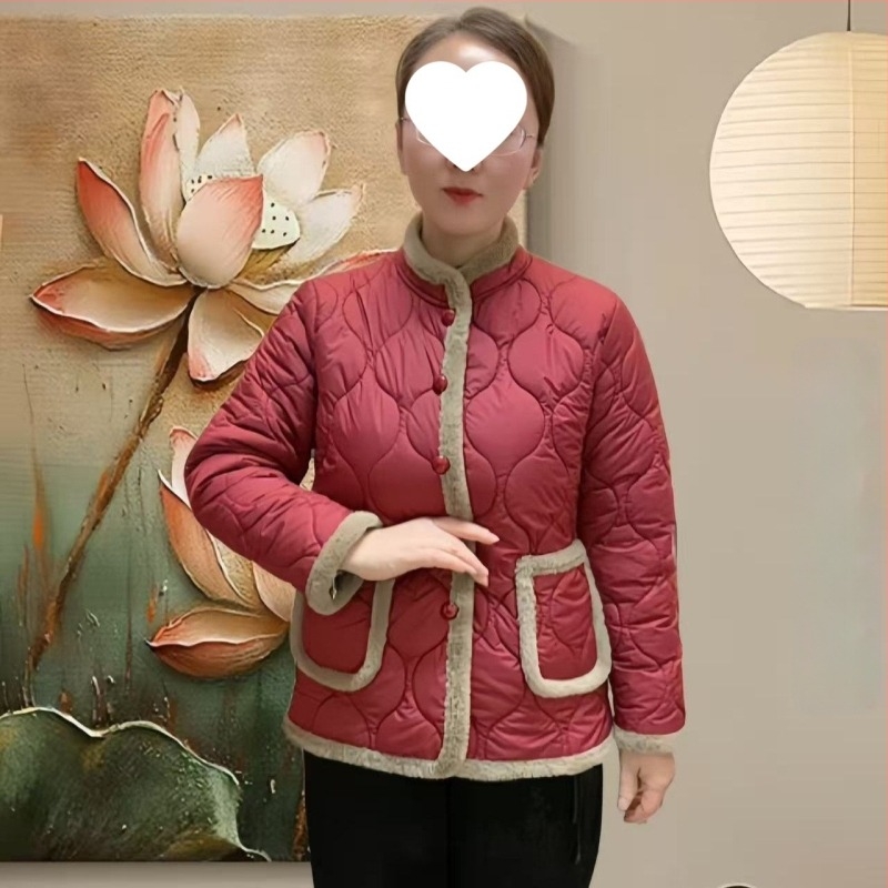 Őszi–téli vékony pamutkabát anyáknak, kínai stílus, karcsúsított szabás, álló gallér, töltet selyem-pamut