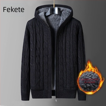 Férfi kapucnis kötött kardigán, laza szabású, fleece bélés, vastag kötés, csavart kábel mintázat