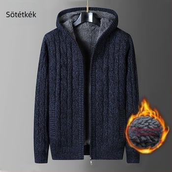 Férfi kapucnis kötött kardigán, laza szabású, fleece bélés, vastag kötés, csavart kábel mintázat