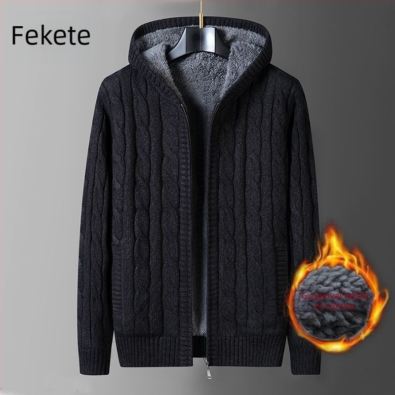 Férfi kapucnis kötött kardigán, laza szabású, fleece bélés, vastag kötés, csavart kábel mintázat