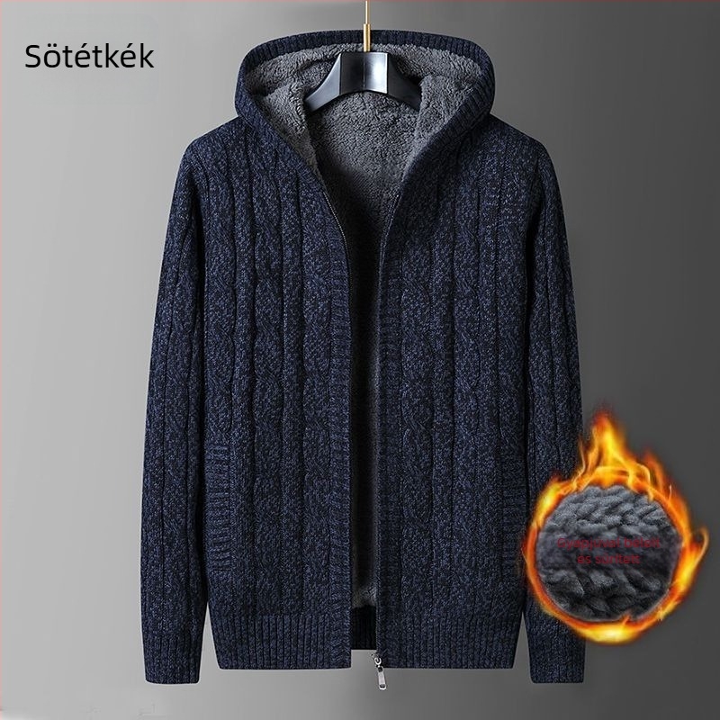 Férfi kapucnis kötött kardigán, laza szabású, fleece bélés, vastag kötés, csavart kábel mintázat