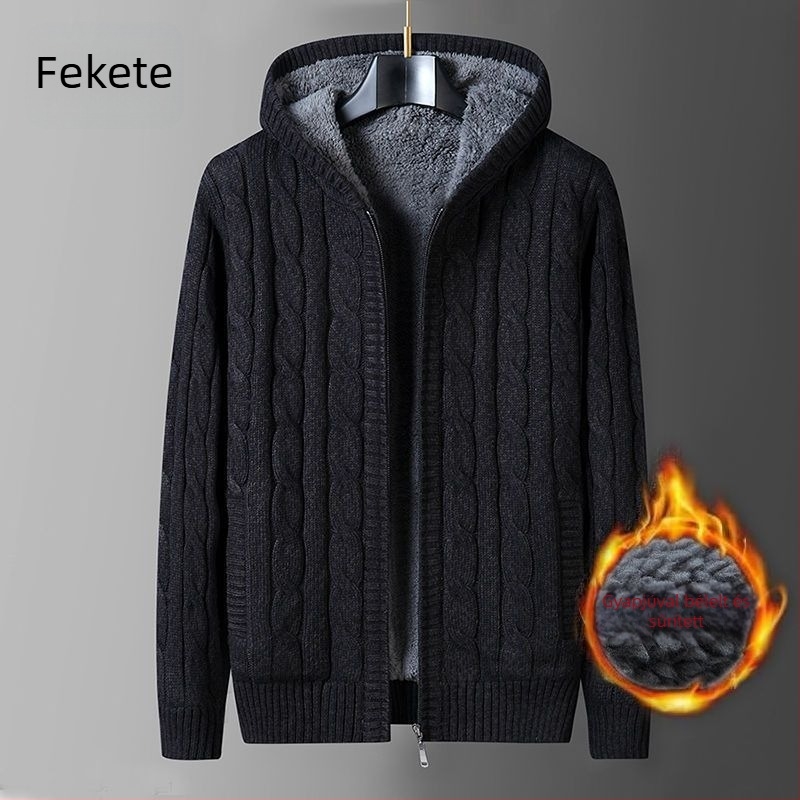 Férfi kapucnis kötött kardigán, laza szabású, fleece bélés, vastag kötés, csavart kábel mintázat