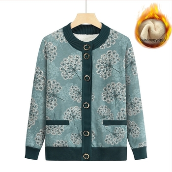 Női kötött kardigán fleece béléssel, vastagított kivitel, mintázott, kerek nyakú, laza szabású