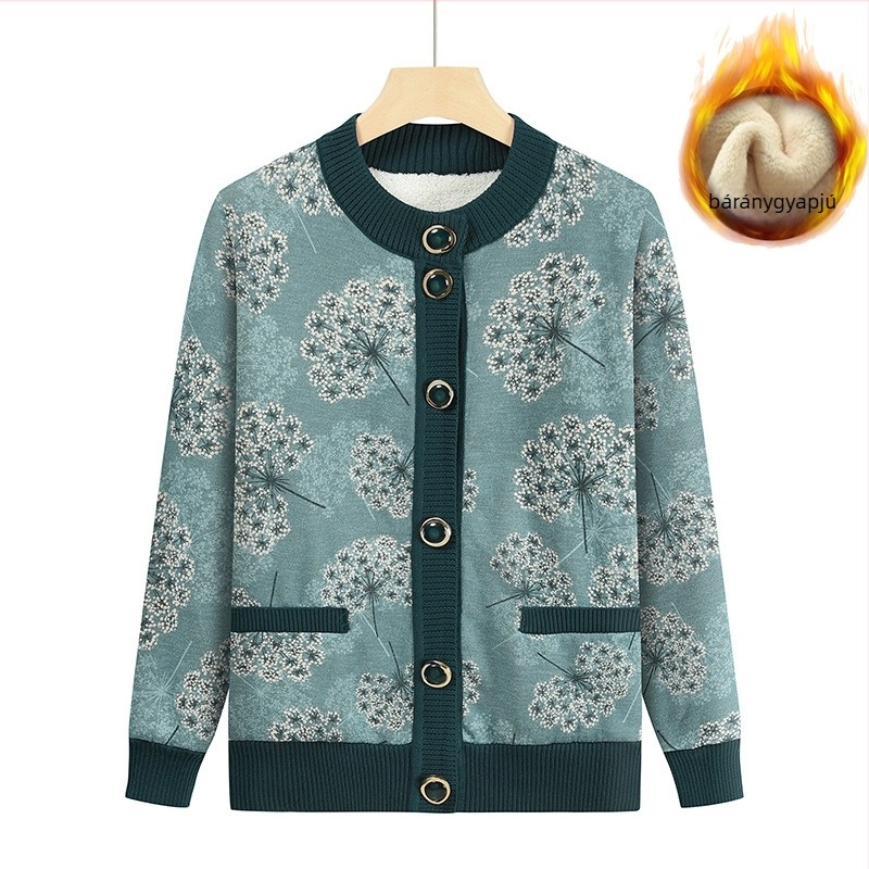 Női kötött kardigán fleece béléssel, vastagított kivitel, mintázott, kerek nyakú, laza szabású
