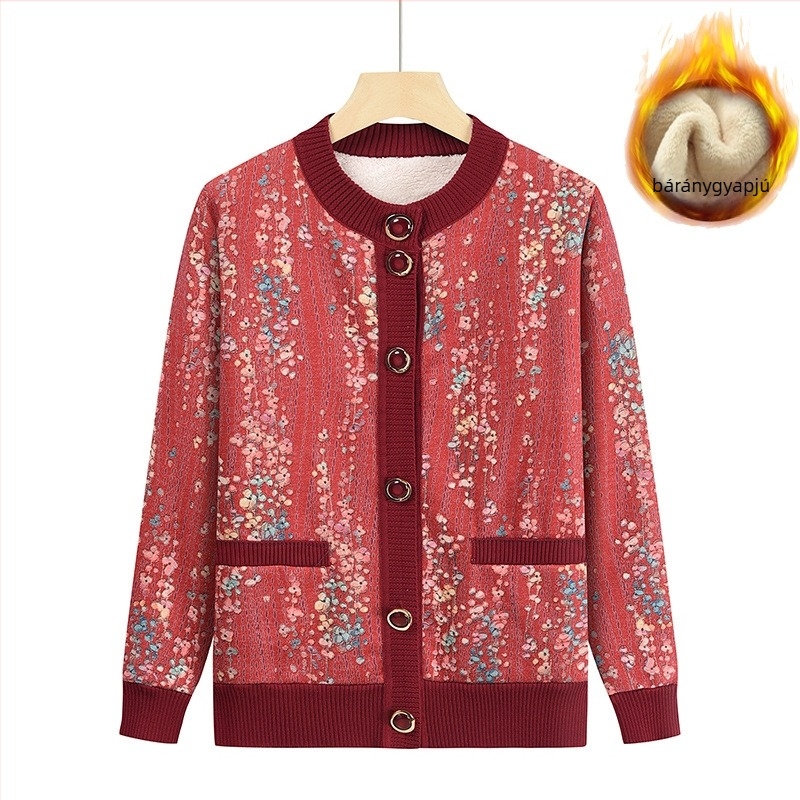 Női kötött kardigán fleece béléssel, vastagított kivitel, mintázott, kerek nyakú, laza szabású
